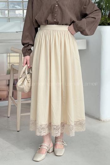 Lamelif Dantel Detaylı Saten Etek Krem
