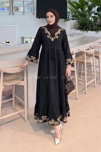 Lamelif Etnik Nakış İşlemeli Tesettür Elbise Siyah