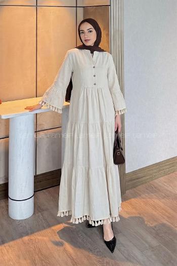 Lamelif Hakim Yaka Püskül Detaylı Elbise Taş Rengi