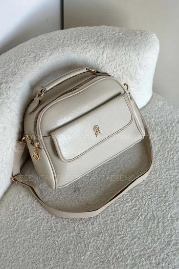 Lamelif Kapak Detaylı Kadın Çapraz Çanta Krem