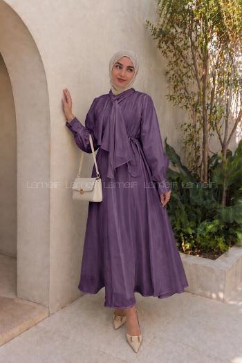 Lamelif Bağlama Detaylı Fularlı Tensel Elbise Mürdüm