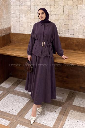 Lamelif Broş Detaylı Etekli Takım Mürdüm