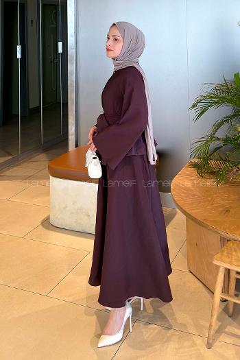 Lamelif Bağcıklı Etek-Bluz İkili Takım Mürdüm