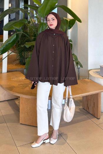 Lamelif Çizgi Detaylı Oversize Tesettür Gömlek Acı Kahve