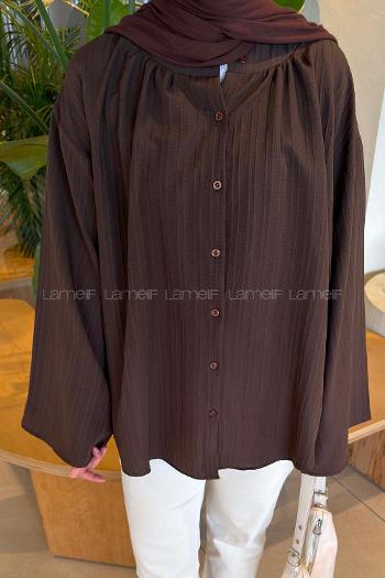 Lamelif Çizgi Detaylı Oversize Tesettür Gömlek Acı Kahve