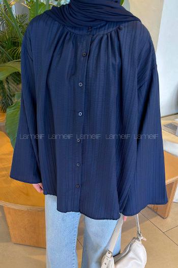 Navy Blue Neckband Long Arm Cotton Shirt