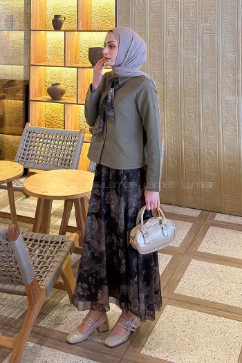 Lamelif Desenli Fular Detaylı Etekli Takım Haki