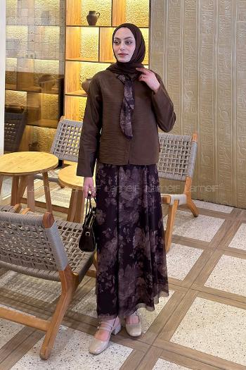 Lamelif Desenli Fular Detaylı Etekli Takım Kahverengi