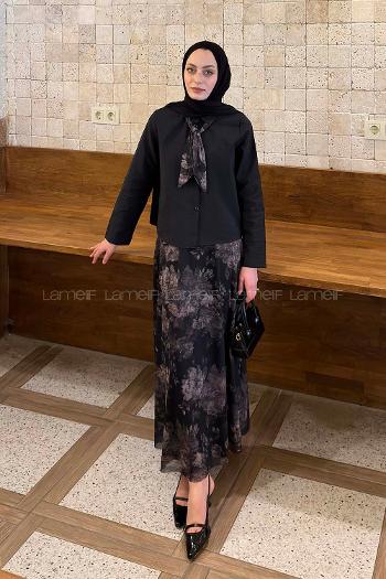 Lamelif Desenli Fular Detaylı Etekli Takım Siyah