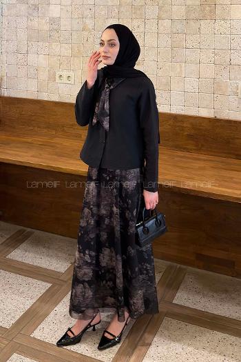 Lamelif Desenli Fular Detaylı Etekli Takım Siyah