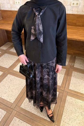 Lamelif Desenli Fular Detaylı Etekli Takım Siyah