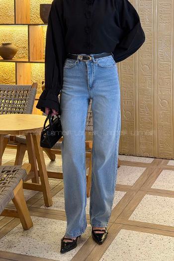 Lamelif Eskitmeli Düz Kesim Jean Açık Mavi