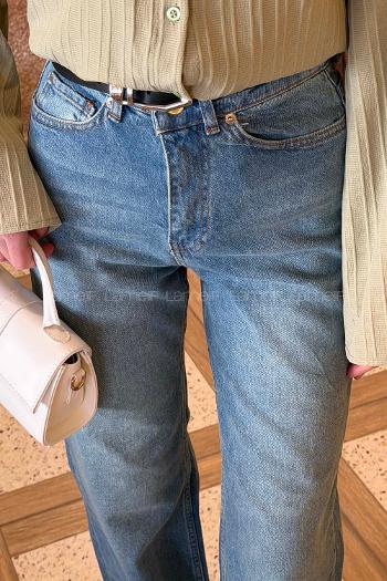 Lamelif Eskitmeli Düz Kesim Jean Mavi Yeşil Tintli