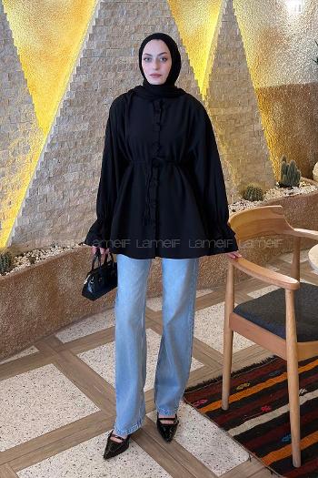 Lamelif Fırfırlı Bağlama Detaylı Gömlek Siyah