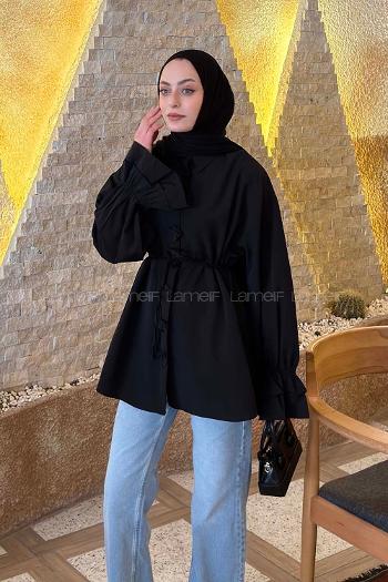 Lamelif Fırfırlı Bağlama Detaylı Gömlek Siyah