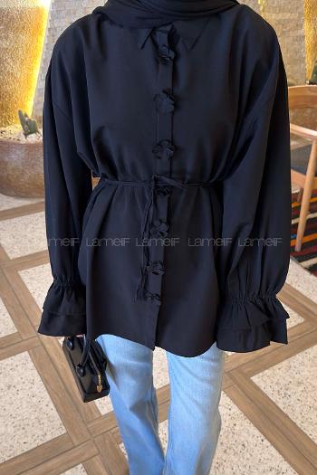 Lamelif Fırfırlı Bağlama Detaylı Gömlek Siyah