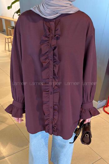 Lamelif Flores Fırfırlı Tunik Mürdüm