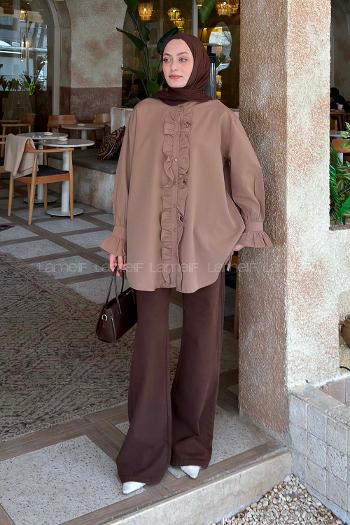 Lamelif Flores Fırfırlı Tunik Soft Kahve