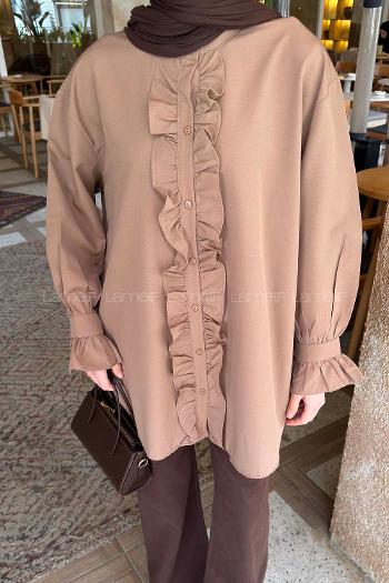 Lamelif Flores Fırfırlı Tunik Soft Kahve