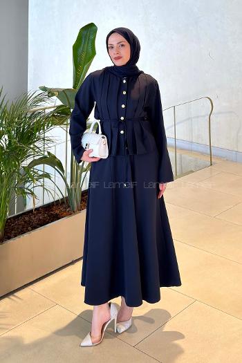 Lamelif Gold Düğme Detaylı Etekli Takım Lacivert