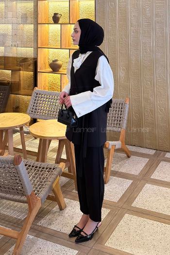 Lamelif Kruvaze Düğme Detaylı Yelek-Pantolon Takım Siyah