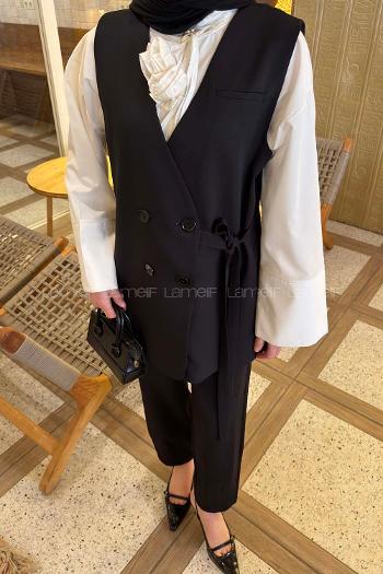 Lamelif Kruvaze Düğme Detaylı Yelek-Pantolon Takım Siyah