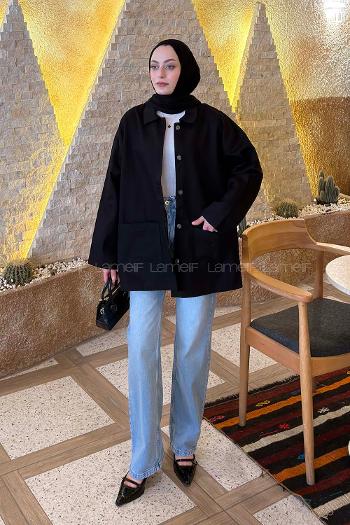 Lamelif Metal Düğme Kapama Oversize Ceket Siyah