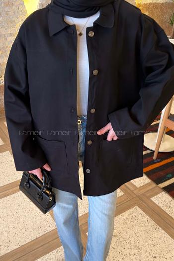 Lamelif Metal Düğme Kapama Oversize Ceket Siyah