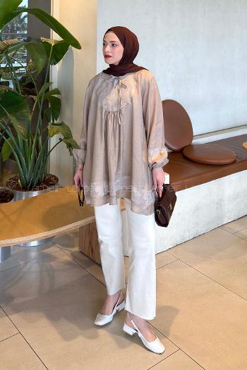 Beige V Neck Modal Unprinted Tunic