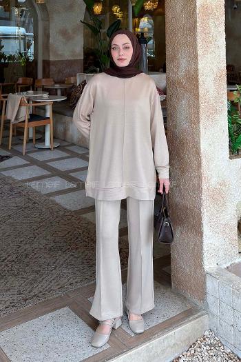 Lamelif Önü Dikişli Takım Bej