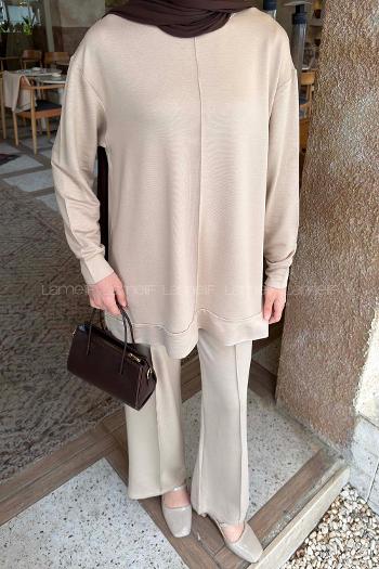 Lamelif Önü Dikişli Takım Bej