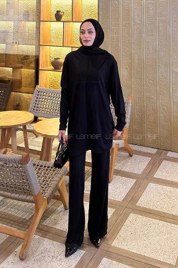 Lamelif Önü Dikişli Takım Siyah