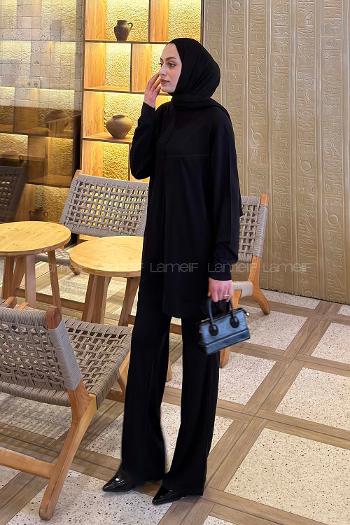 Lamelif Önü Dikişli Takım Siyah