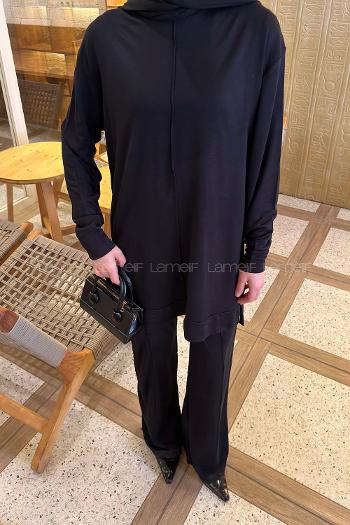 Lamelif Önü Dikişli Takım Siyah