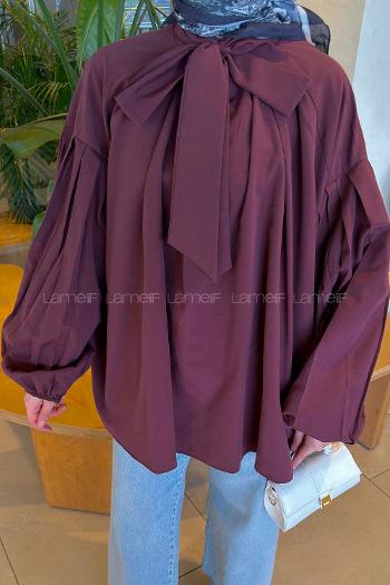 Lamelif Yaka Fular Detaylı Gömlek Mürdüm