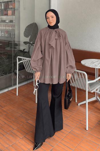 Lamelif Yaka Fular Detaylı Gömlek Soft Kahve