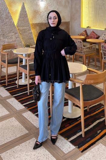 Black Mandarin Collar Cotton Tunic