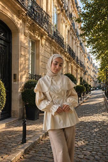 Lamelif Dantel Yaka Gömlek Bej