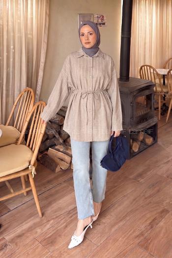 Lamelif Sırt Robalı Çizgi Detaylı Tunik Kahve