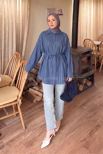 Lamelif Sırt Robalı Çizgi Detaylı Tunik Lacivert