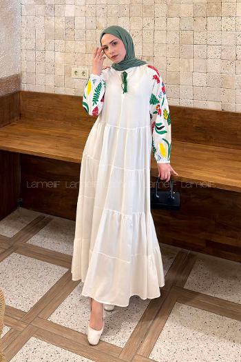 White Mandarin Collar Viscose Fabric Printed Dresess