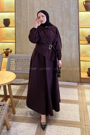 Lamelif Broş Detaylı Etekli Takım Mürdüm