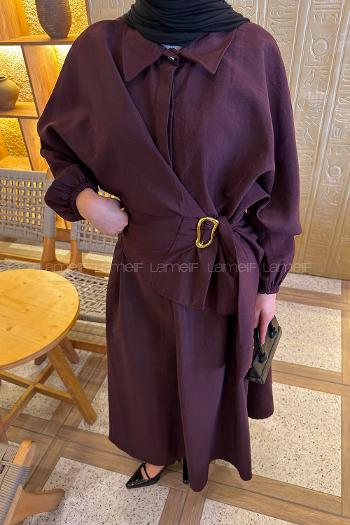 Lamelif Broş Detaylı Etekli Takım Mürdüm