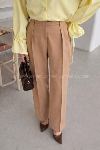 Lamelif Çift Kemer Detaylı Pantolon Camel