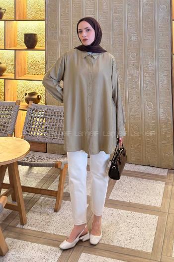 Lamelif Çizgi Geçişli Gömlek Yağ Yeşili