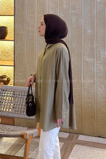 Lamelif Çizgi Geçişli Gömlek Yağ Yeşili