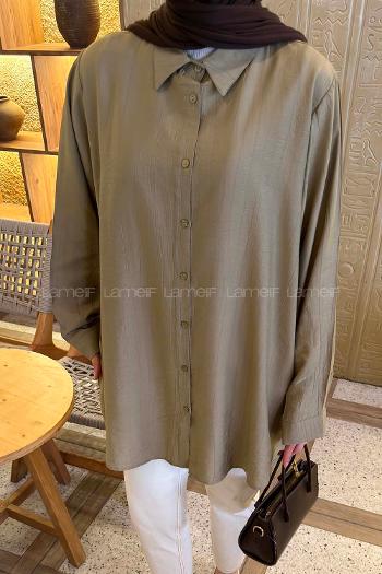 Lamelif Çizgi Geçişli Gömlek Yağ Yeşili