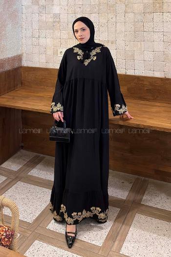 Lamelif Etnik Nakış İşlemeli Tesettür Elbise Siyah