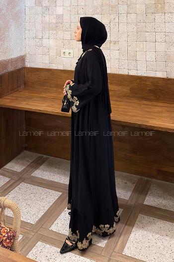 Lamelif Etnik Nakış İşlemeli Tesettür Elbise Siyah