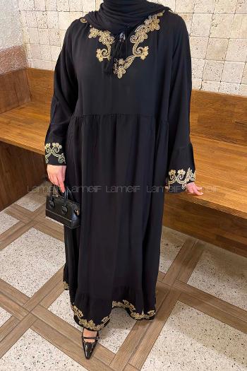 Lamelif Etnik Nakış İşlemeli Tesettür Elbise Siyah